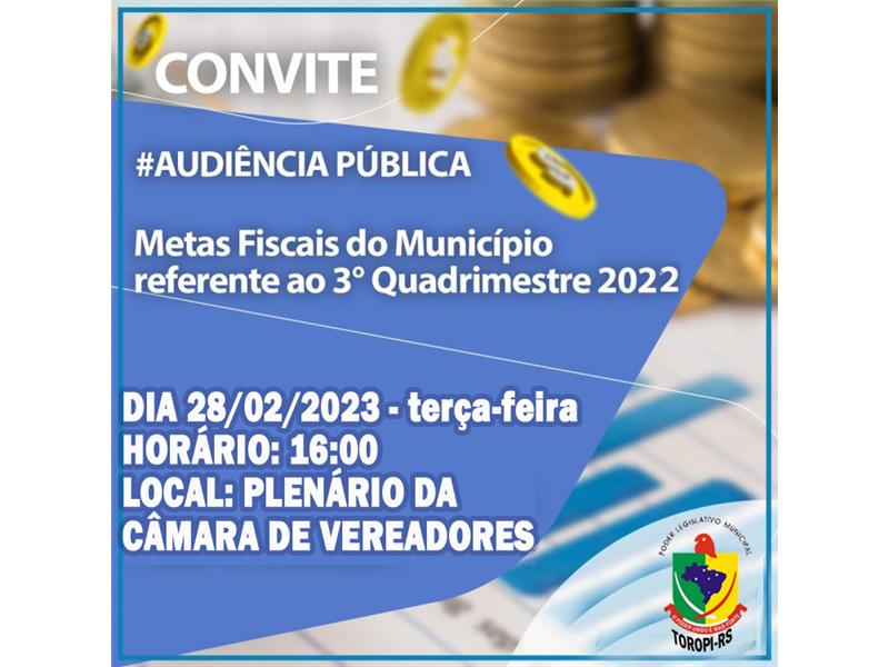 CONVOCAÇÃO PARA REALIZAÇÃO DE AUDIÊNCIA PÚBLICA METAS FISCAIS, RELATIVO AO 3º QUADRIMESTRE DE 2023 NO DIA 28/02/2023